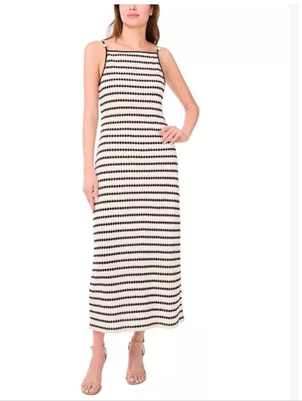 1.STATE NWT $129 Crochet 100% Cotton Stripe Maxi Dress Size 14 Pearl Strap